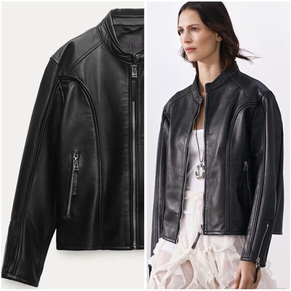 ZW COLLECTION ZIPPERED GENUINE LEATHER JACKET - Picture 1 of 16